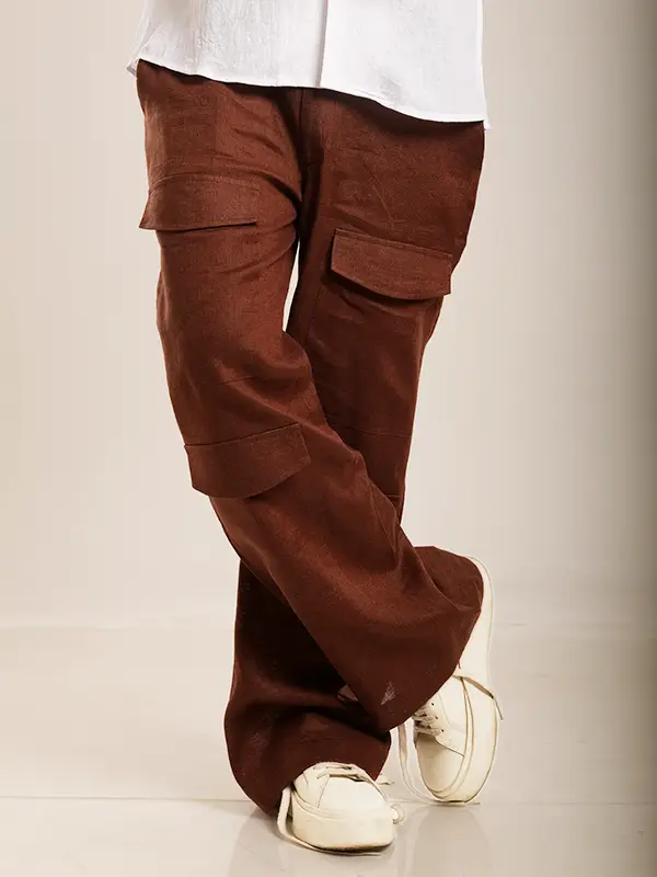 Linen-Blend Cargo Brown Trousers for Men