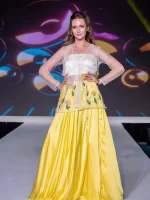 yellow satin skirt with 3d hand embroidered cape and sweetheart neckline tube.