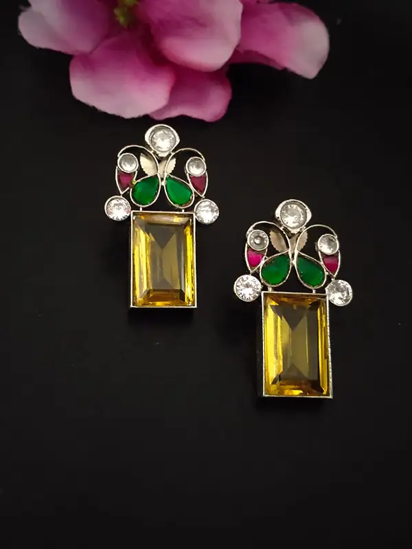 Yellow Rectangular Floral Earring For Women