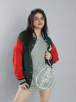 Red and green varsity jacket for women