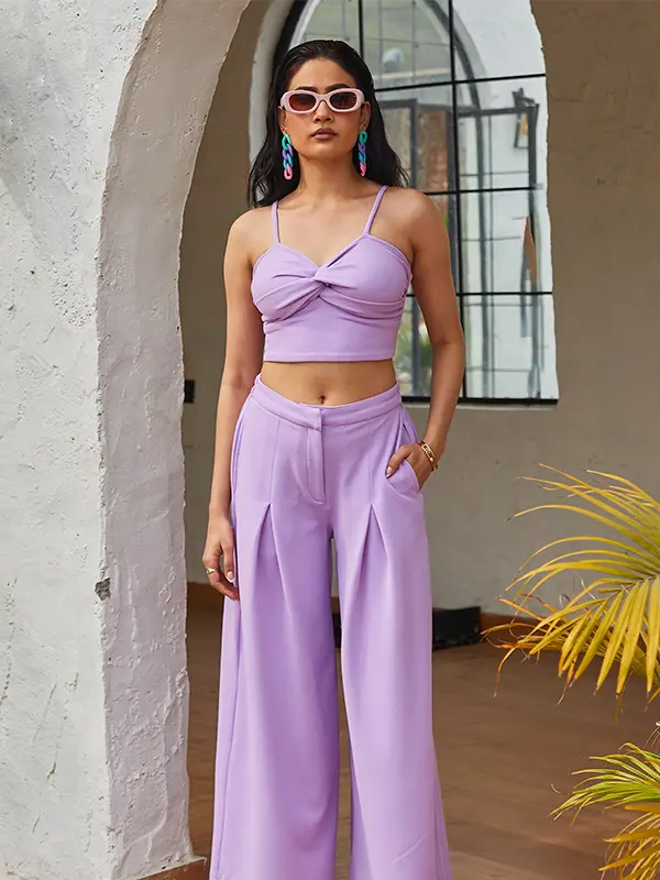 Elysian Co-ord Set with Cam Bobbin Back Top & High Waist Wide Leg Pants - Lilac Lust