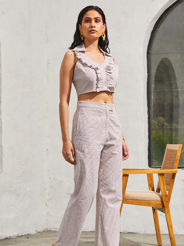 Country Cotton Chic Co-ord Set with Ruffled Crop Top & High Waist Pants