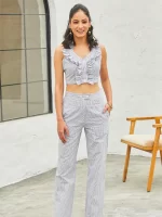 Country Cotton Chic Co-ord Set with Ruffled Crop Top & High Waist Pants