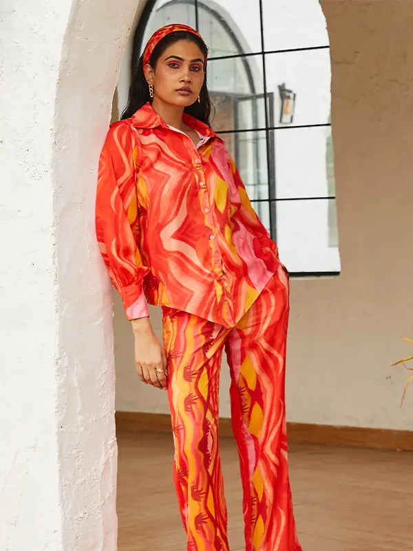 Mala Breezy Co-ord Set with oversized Shirt & Flared Pants - Sunset Mirage