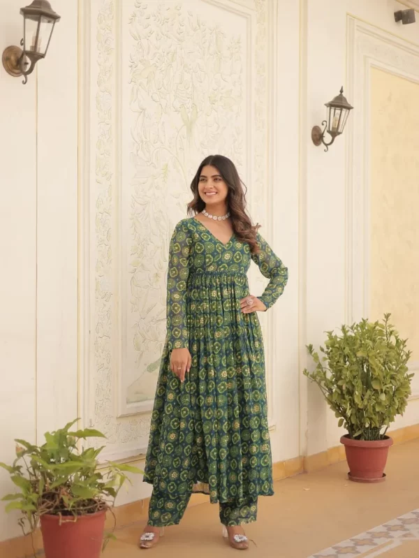 Green Faux Georgette Pant With Top Set