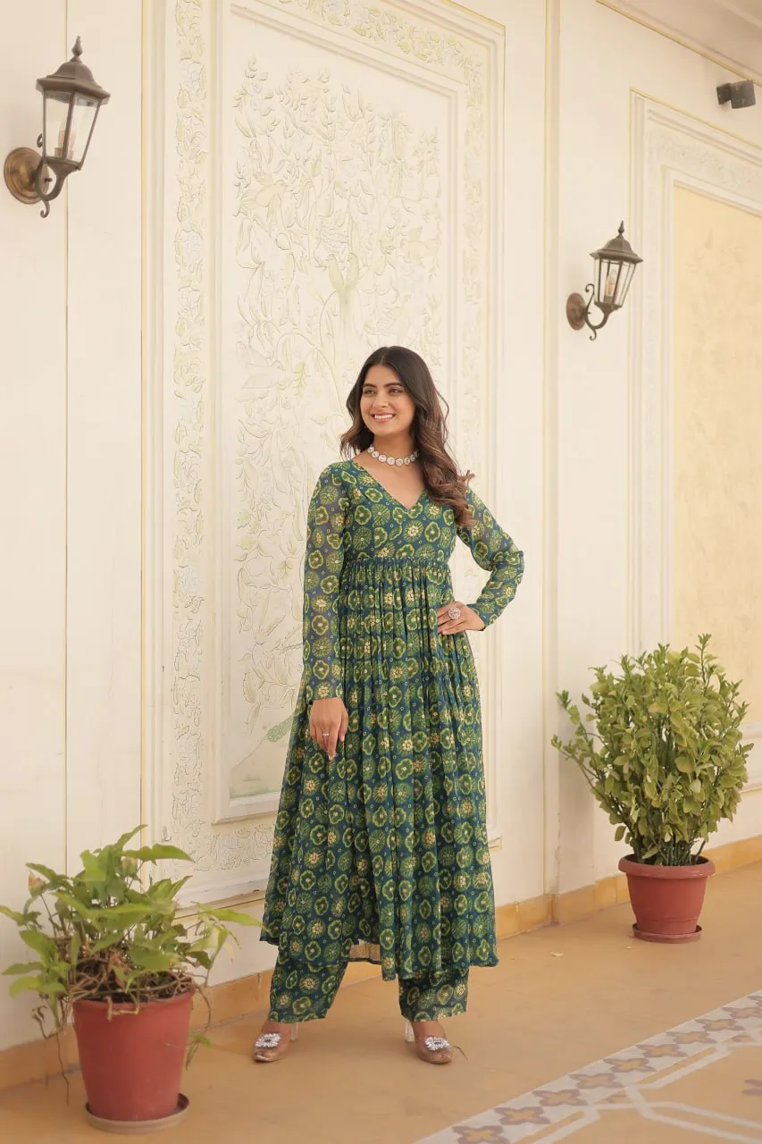 Green Faux Georgette Pant With Top Set