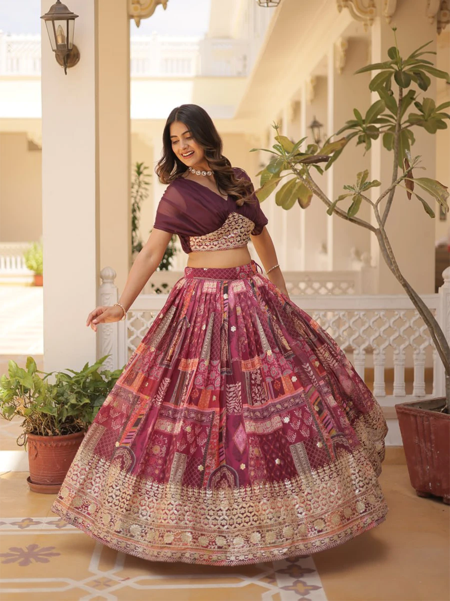 Wine Russian Silk Lehenga Set.