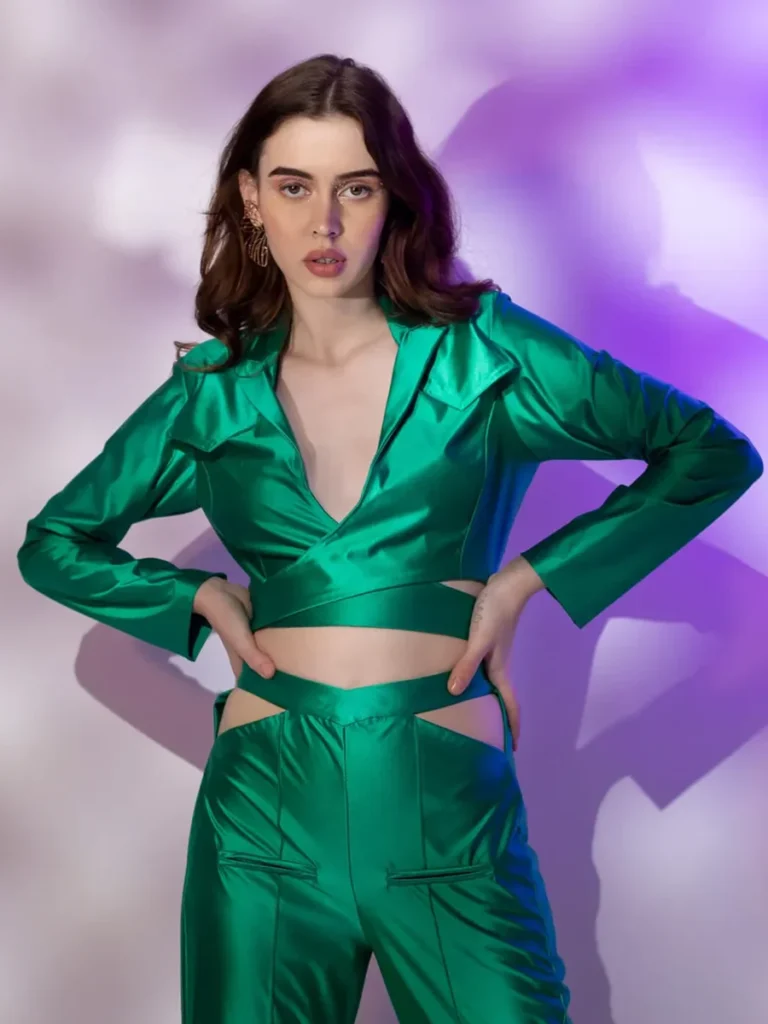 Green Satin Lycra co-ord set for women