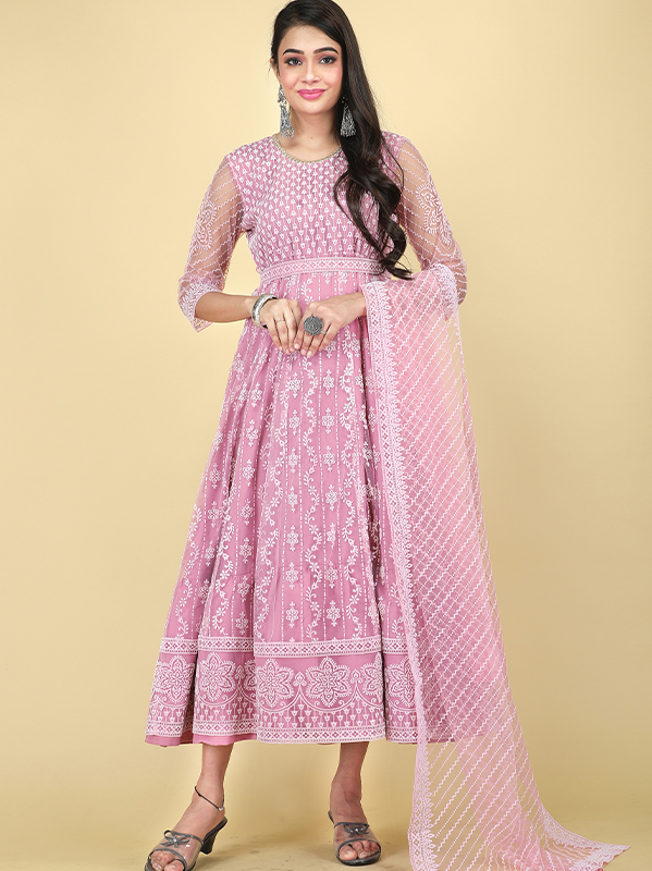 Vedika Polyster Pink Gown with Dupatta For Women