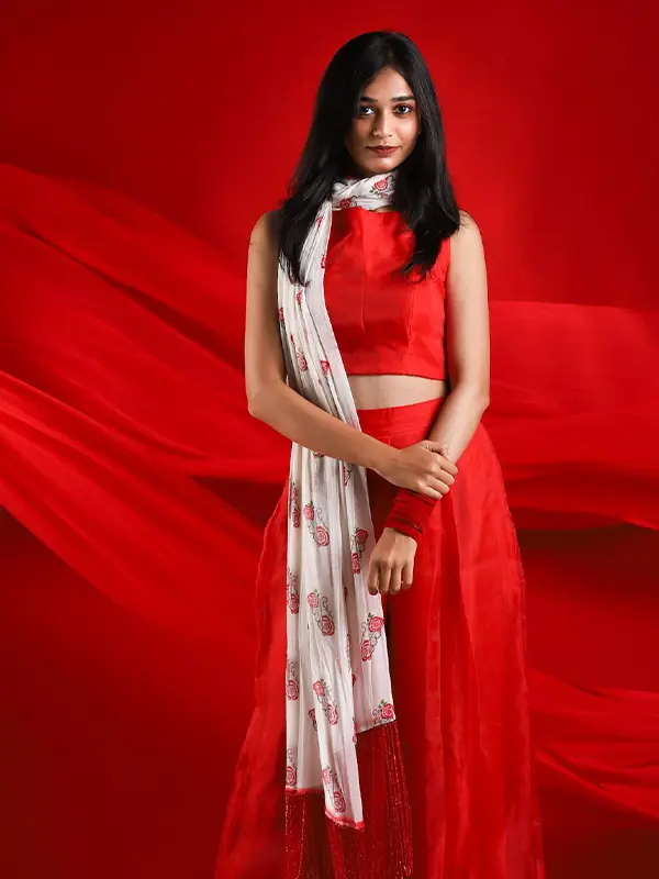 organza pants with attached blouse and printed dupatta