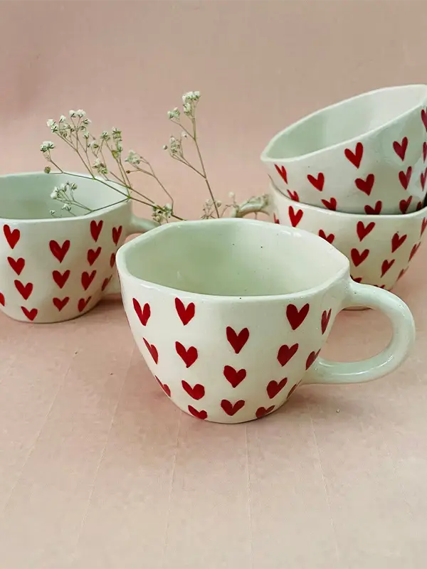 pink heart tea cups set of four