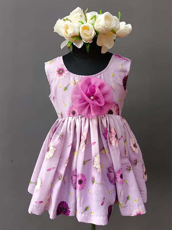 Lilac floral printed dress with 3d organza flower