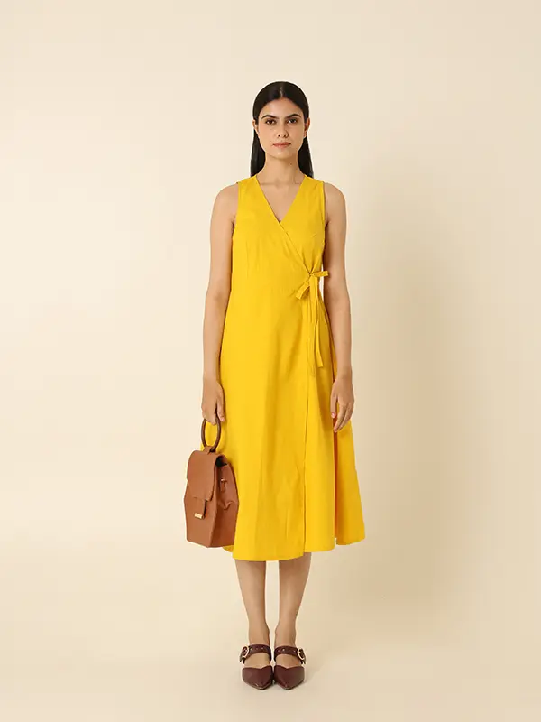 Yellow Wrap-Around Dress For Women