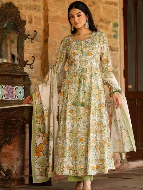 Beautiful suit set with intricate hand embroidery, paired with matching pants and dupatta