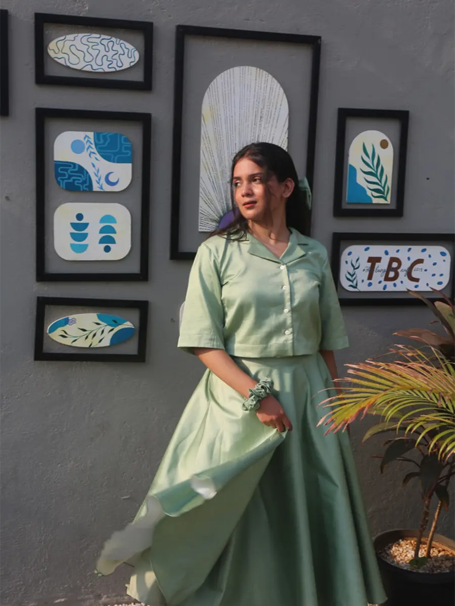 Green Cotton Skirt Top Set