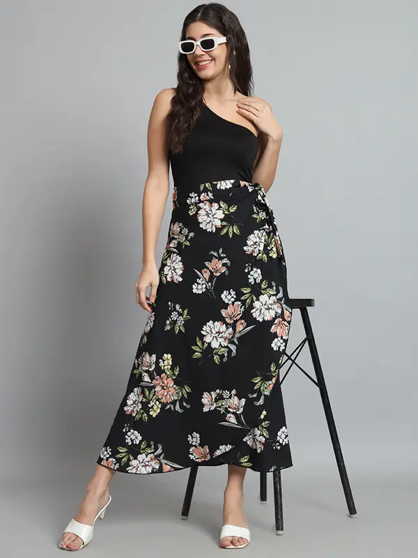 Black Floral Print Wrapskirt For Women