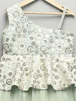 Embroidery, silk, and soft net romper with off-shoulder peplum, net ruffle, pearl embroidery, bow at back, back opening, cotton lining.