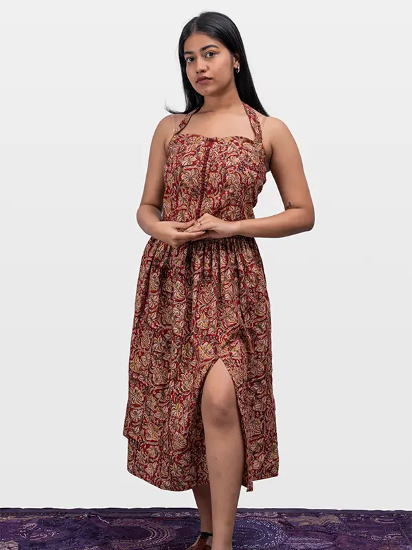 Ruha Kalamkari Vintage Slit Brick-Red Floral Print Dress