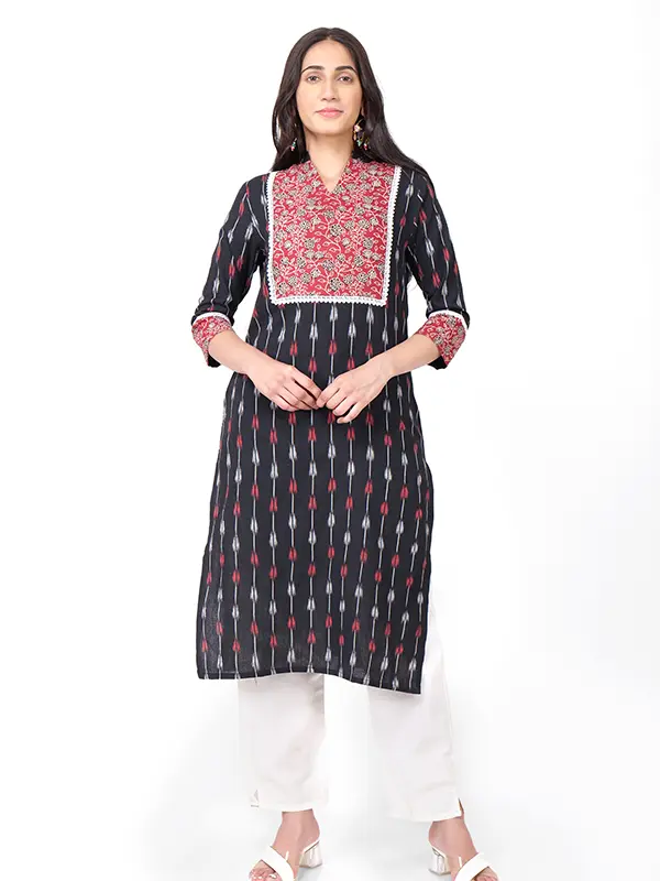 Adya Black Ikat Yoke Long Kurta