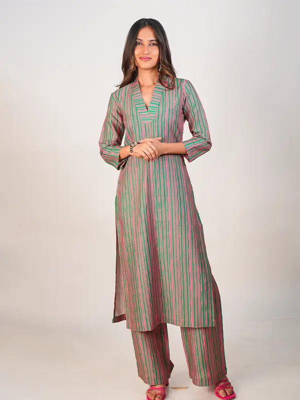 Elegant Pink & Green Striped Kurta Set for women