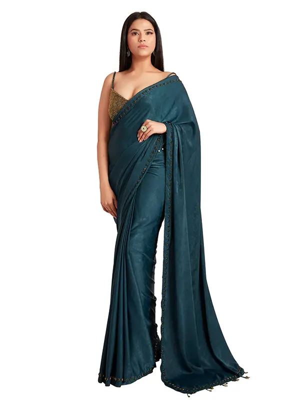 green color crystal saree for women