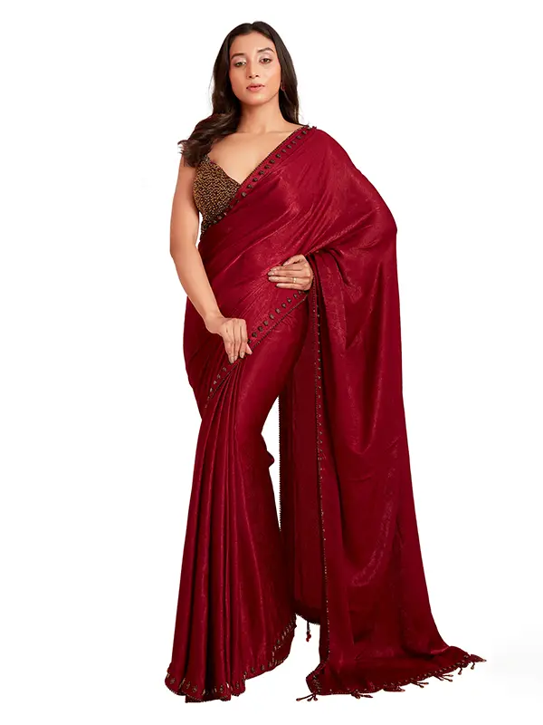 Red color crystal saree