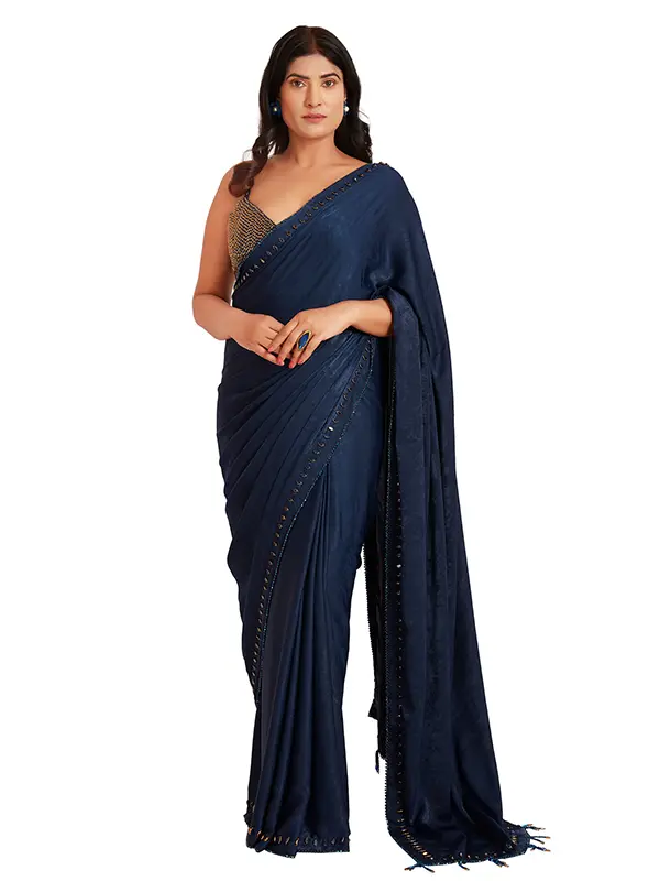 dark blue color crystal saree