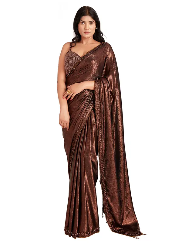 brown color crystal saree