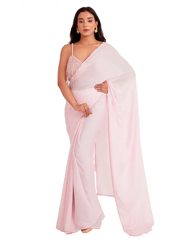 Pink Color Drop Crystal Saree