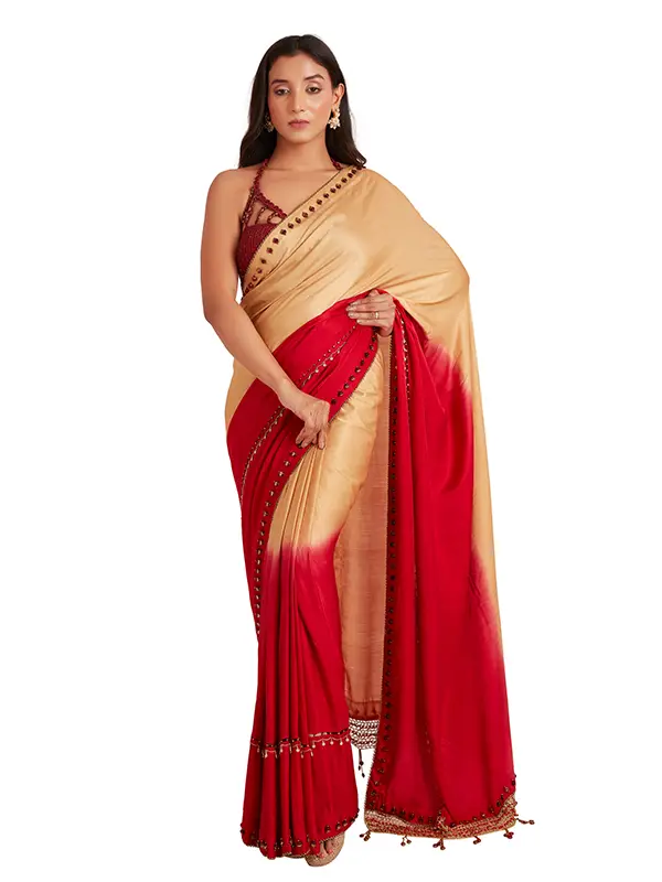 Red And Nude Color Shaded Crystal Saree