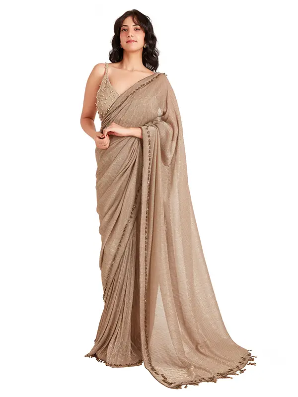 Tan Color Shimmer Crystal Saree