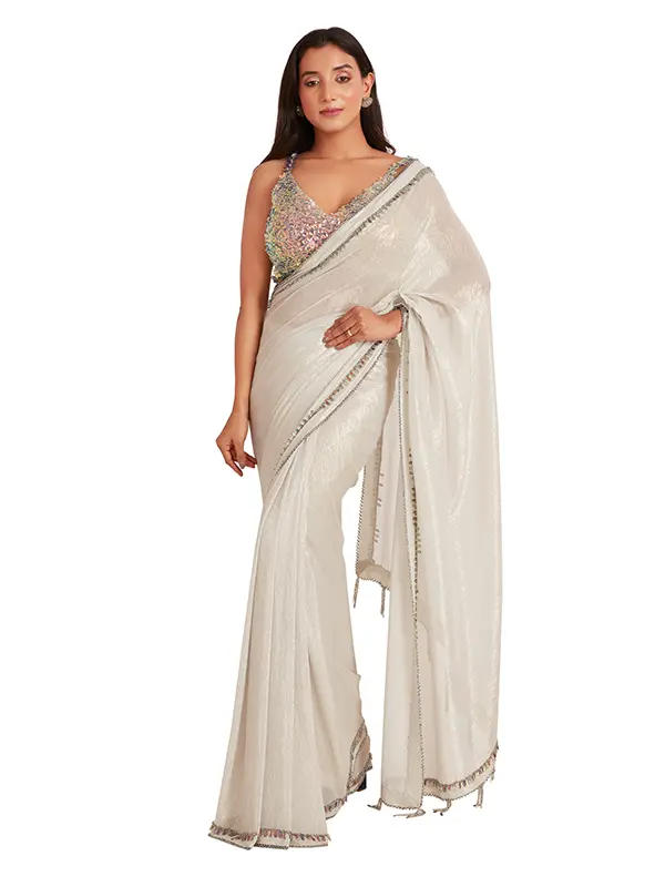 white 3d flower Saree