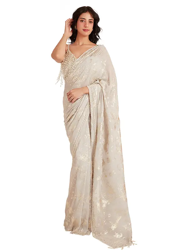 White Foil Crystal Saree