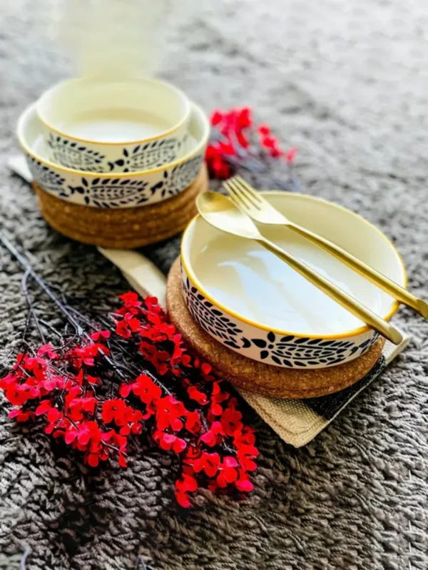 Yellow & Blue Hand Painted Flat Bowl Set