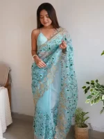 Sky Blue Embroidered Organza Saree