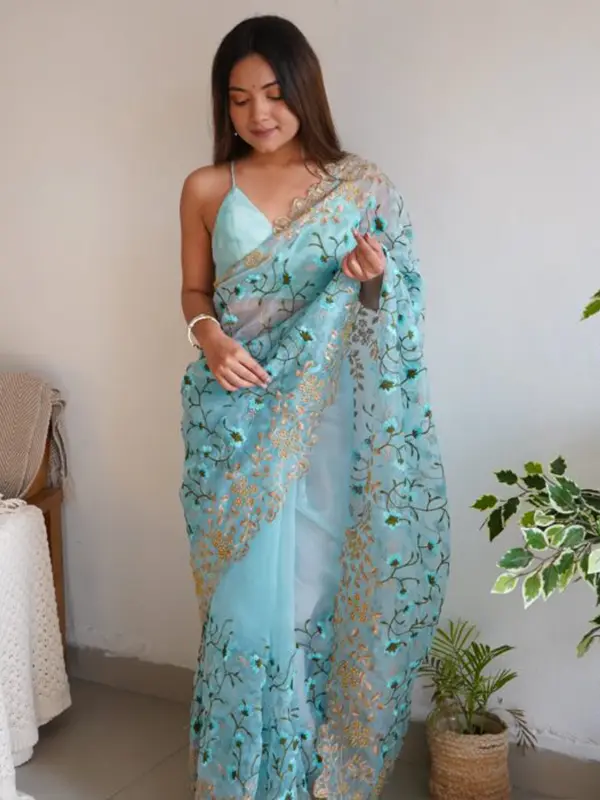 Sky Blue Embroidered Organza Saree