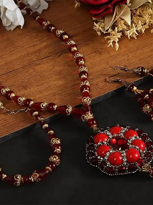 Crystals And Red Glass Moti Necklace Set With Bracelet