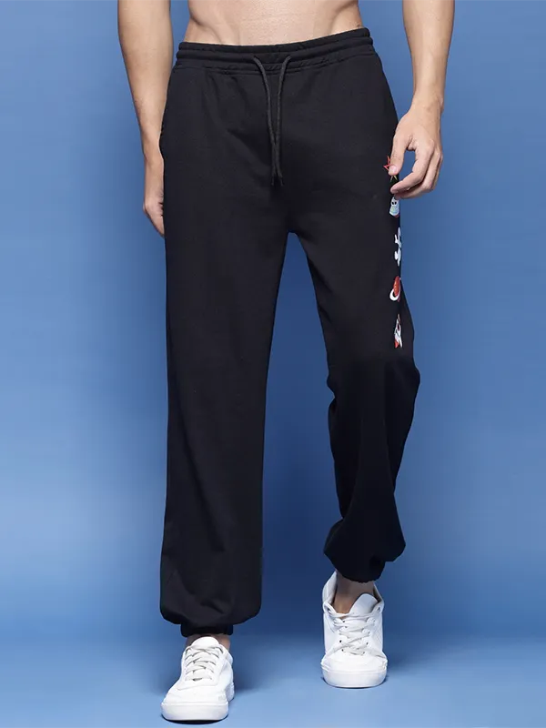 Men's Black Rocket & Star Printed Loose Fit Joggers