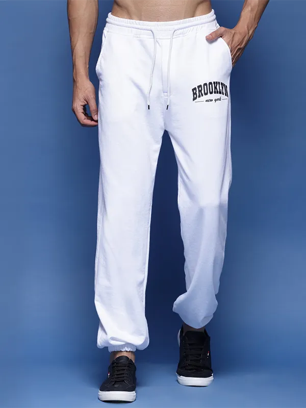 Men's White Brooklyn Printed Relaxed Fit Joggers