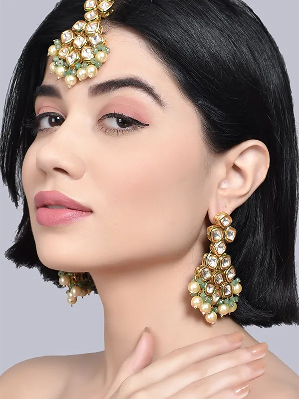 Jade Gold Tone Earrings and Maang Tikka with Pearls