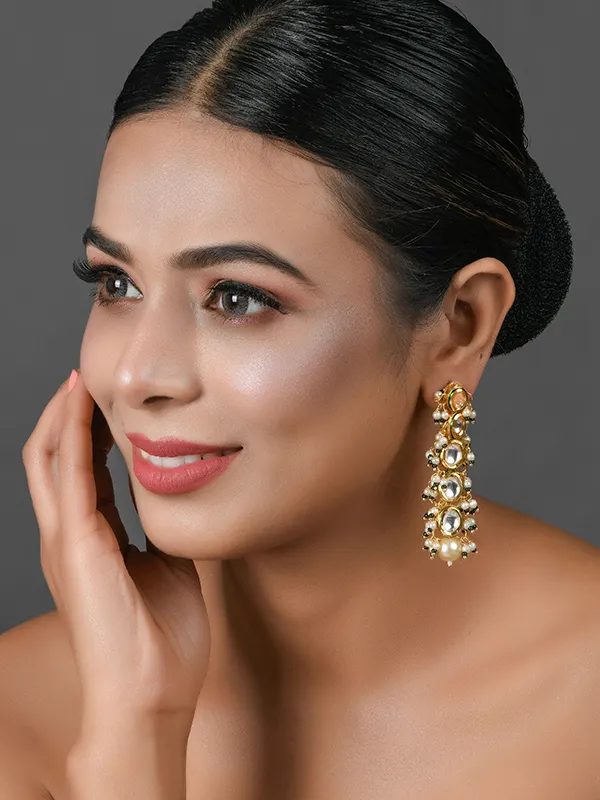 Gold Tone Pearl Beaded Kundan Earrings