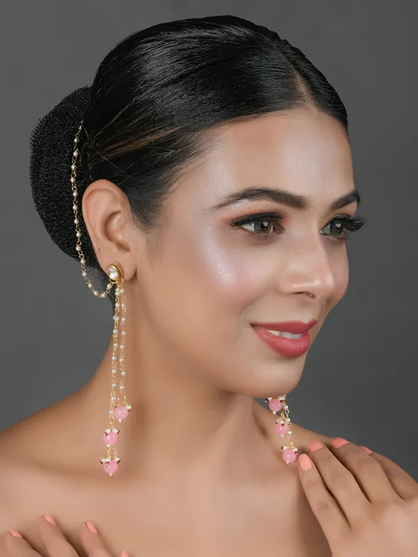 Gold Tone Kundan Inspired Pearl Tassel Earrings With Hair Chain