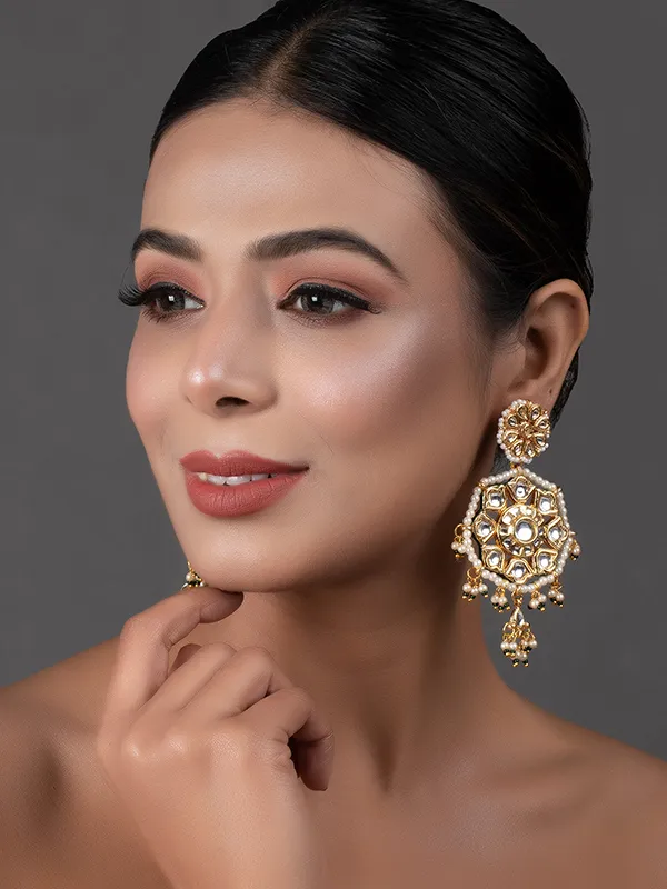 Gold Toned Kundan Circular Drop Earrings