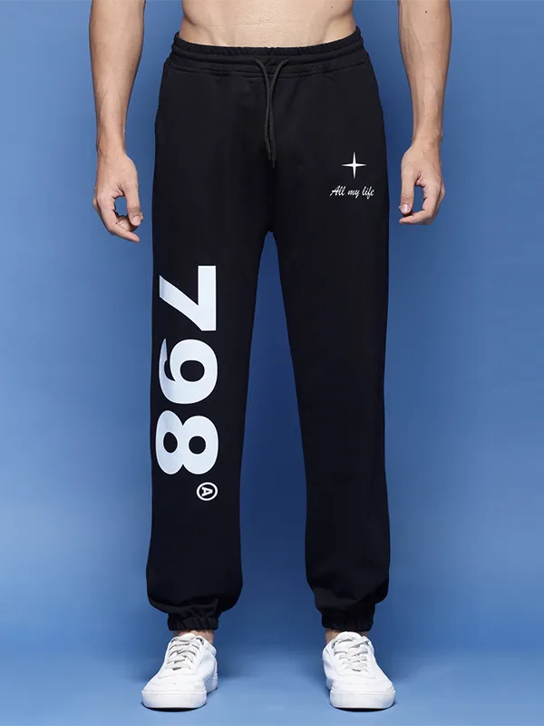 printed black color relaxed fit joggers for men