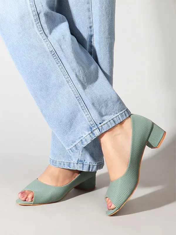 Peep Toe Textured Block Heels For Women