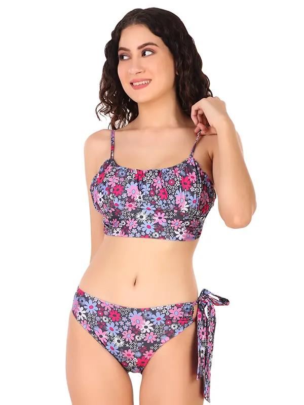 Ruched Bikini Set - Retro Floral Bliss