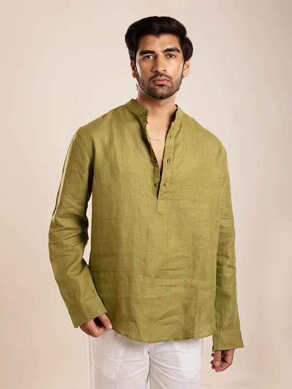 green linen short kurta