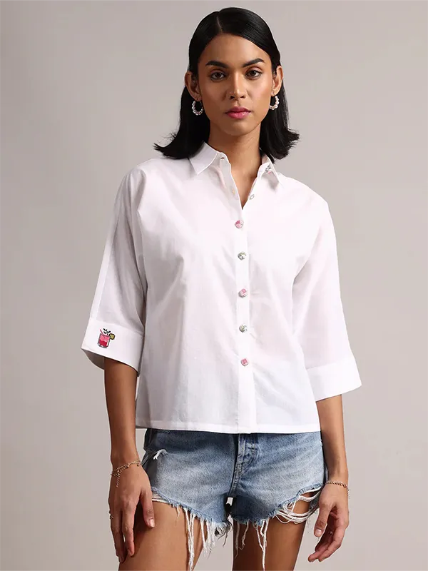 White Cotton Artisinal Button Style Shirt