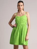 Green Lime Cotton Solid Fit & Flare Dress