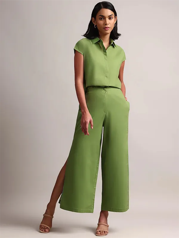 Green cotton solid shirt style co-ord set